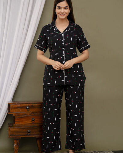 Women Shirt & Pyjama set Black Printed