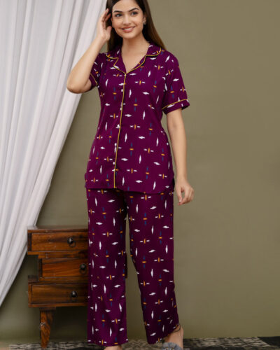 Women Night Suit Set Purple Printed