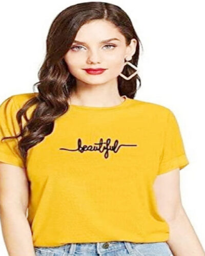 Women Typography Round Neck Cotton Blend Yellow T-Shirt