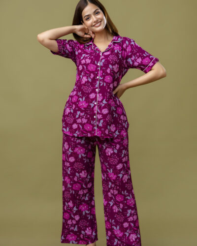Women Night Suit Set Purple Printed