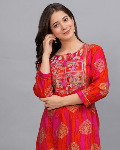 Women Embroidered, Printed Viscose Rayon Straight Kurta (Orange, Pink)