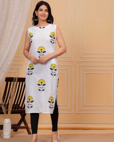 Women Floral Print Pure Cotton Straight Kurta (White)