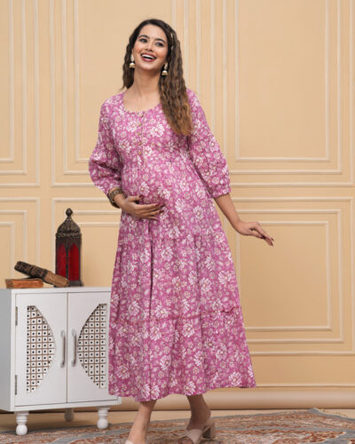 Women Printed Viscose Rayon Anarkali Kurta (Pink)