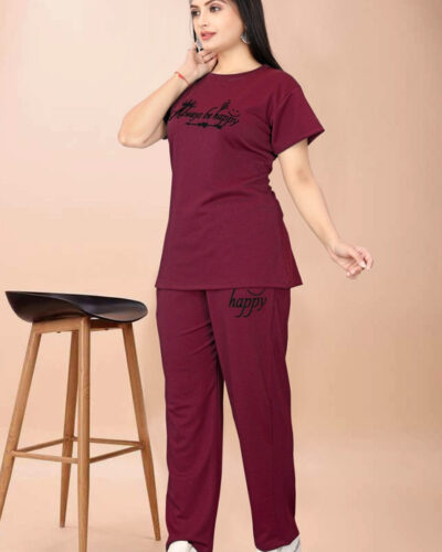 Women Night Suit Set Maroon Printed