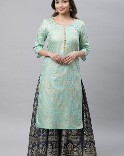 Women Printed Viscose Rayon Straight Kurta (Light Green, Gold)