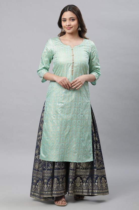 Women Printed Viscose Rayon Straight Kurta (Light Green, Gold)