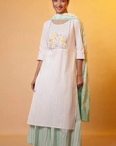 Women Embroidered Pure Cotton Straight Kurta (Grey, White)