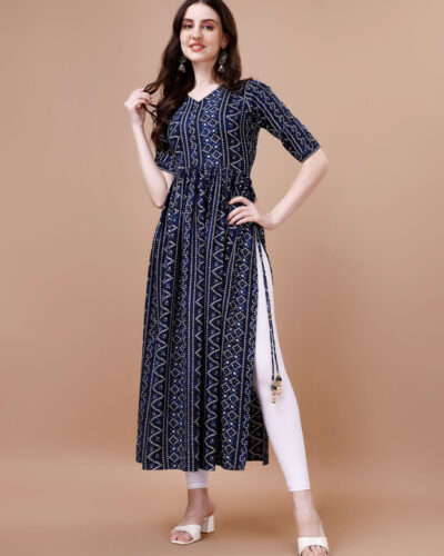 Women Bandhani Polyester Flared Kurta (Dark Blue)