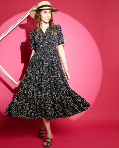 Women Fit and Flare Black, White Midi/Calf Length Dress