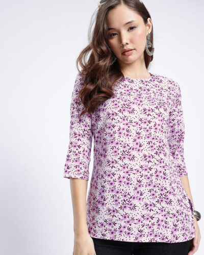 Women Printed Polyester Straight Kurta (White, Purple)