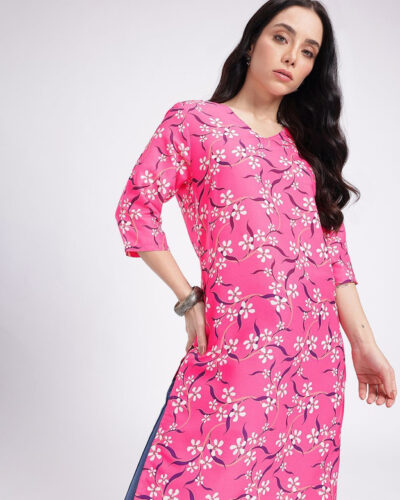 Women Floral Print Polyester Straight Kurta (Pink)