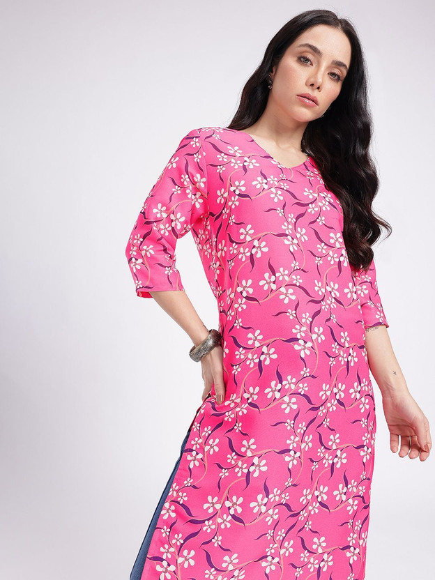 Women Floral Print Polyester Straight Kurta (Pink)