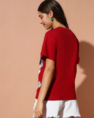 Women Printed Round Neck Pure Cotton Red T-Shirt