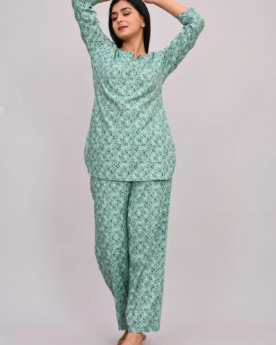 Women Night Suit Set Green Printed