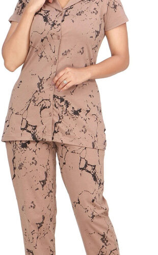 Women Night Suit Set Beige Printed