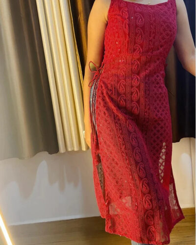 Women Chikan Embroidery Georgette Ethnic Dress (Red)