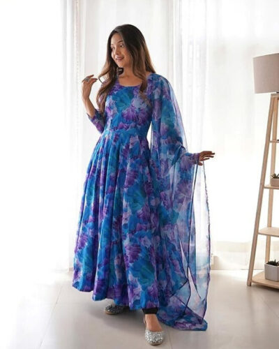Printed Georgette Stitched Anarkali Gown (Blue, Purple)