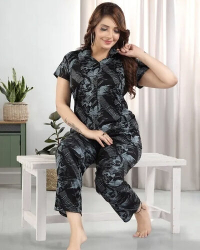 Women Night Suit Set Black Printed