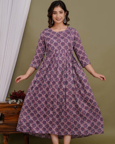 Women Printed Pure Cotton Gown Kurta (Purple)