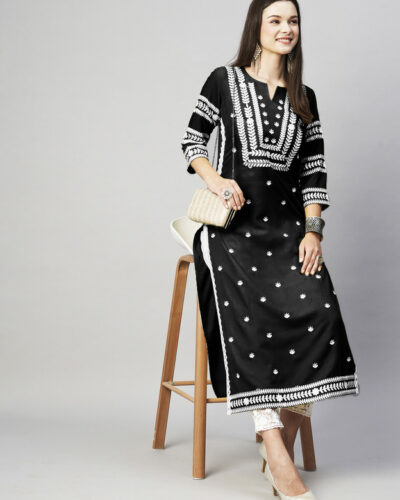 Women Embroidered Cotton Blend Straight Kurta (Black)