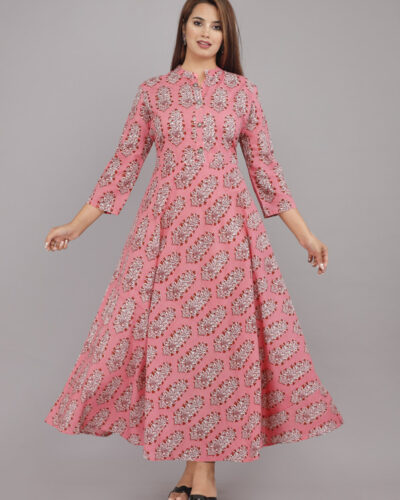 Women Printed Pure Cotton Anarkali Kurta (Pink)
