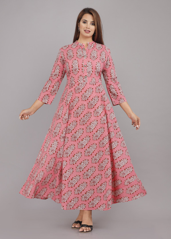 Women Printed Pure Cotton Anarkali Kurta (Pink)
