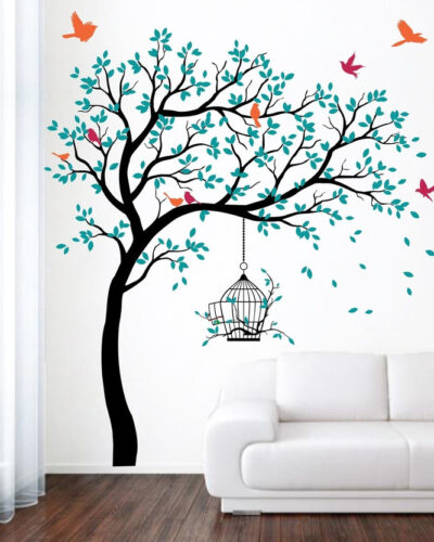 rawpockets 200 cm Blue Tree with Birds and Cage Self Adhesive Sticker (Pack of 1)