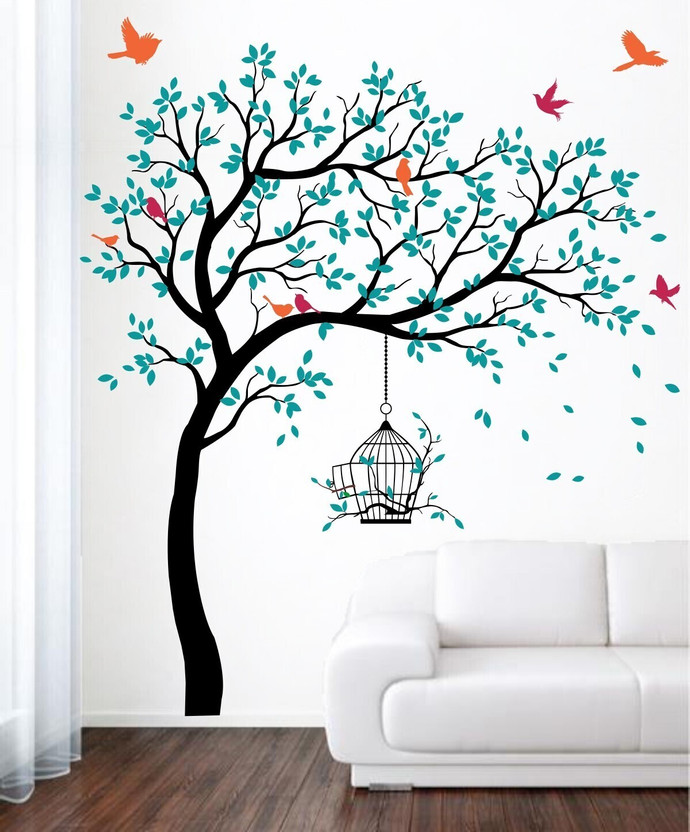 rawpockets 200 cm Blue Tree with Birds and Cage Self Adhesive Sticker (Pack of 1)