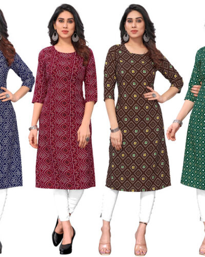 Pack of 4 Women Printed Crepe Straight Kurta (Multicolor)