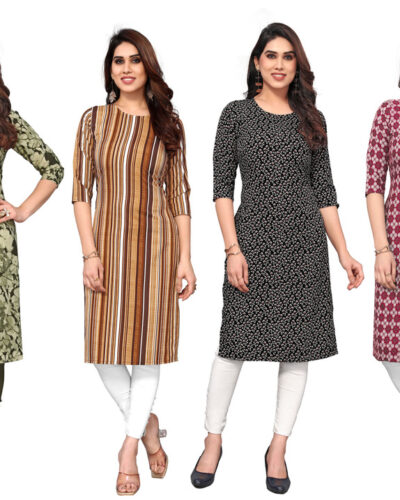Pack of 4 Women Printed Crepe Straight Kurta (Multicolor)