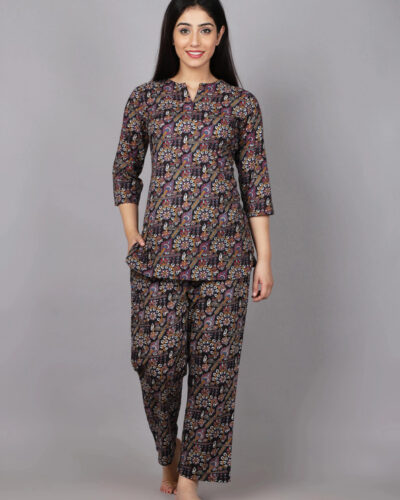 Women Top & Pyjama Set Multicolor Printed