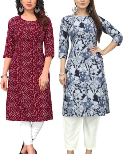 Pack of 2 Women Printed Crepe Straight Kurta (Multicolor)