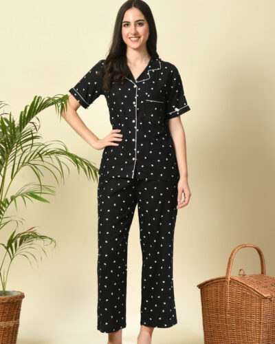 Women Night Suit Set Black Printed