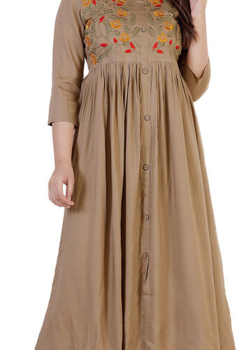 Women Embroidered Viscose Rayon Flared Kurta (Beige)