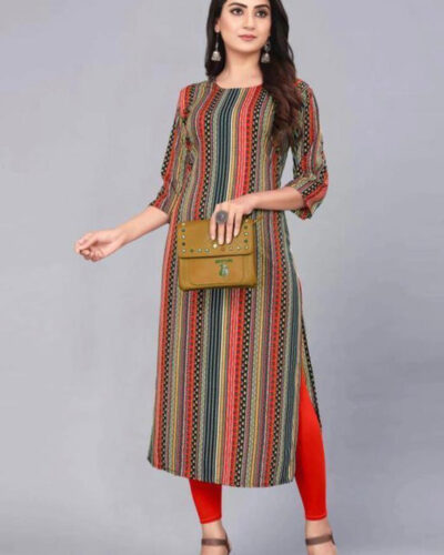 Women Striped Crepe A-line Kurta With Attached Dupatta (Multicolor)