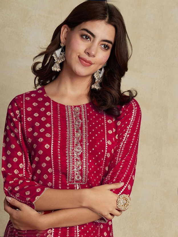 Women Printed Viscose Rayon Straight Kurta (Red)