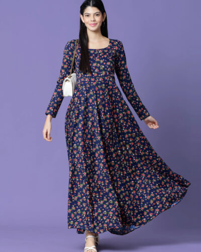 Women Floral Print Crepe Anarkali Kurta (Dark Blue)