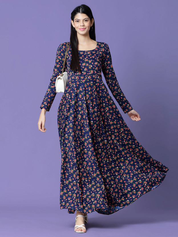 Women Floral Print Crepe Anarkali Kurta (Dark Blue)