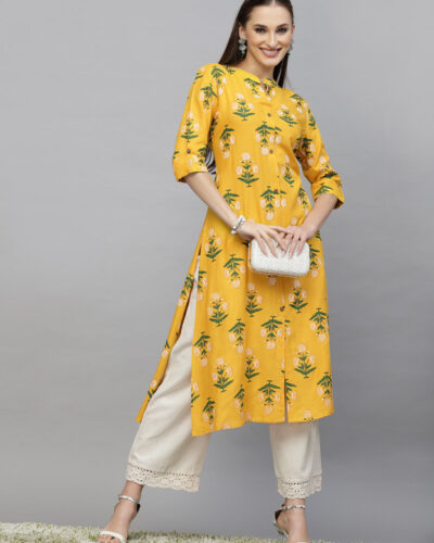 Women Floral Print Viscose Rayon A-line Kurta (Yellow)