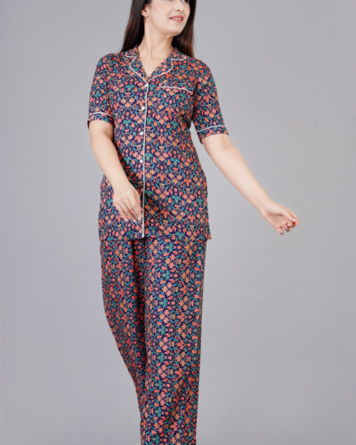 Women Night Suit Set Blue Geometric Print