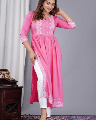 Women Printed Viscose Rayon Straight Kurta (Pink)