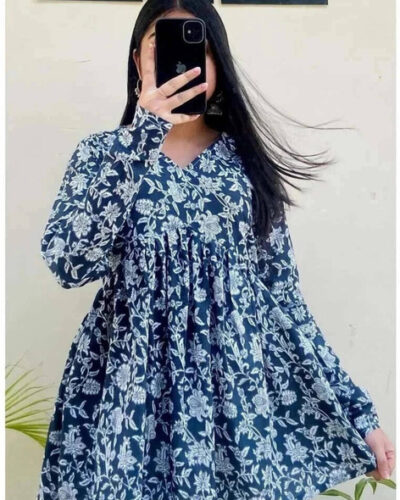 Women Printed Viscose Rayon Flared Kurta (Blue, White)