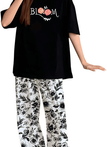 Women Top & Pyjama Set Black Printed