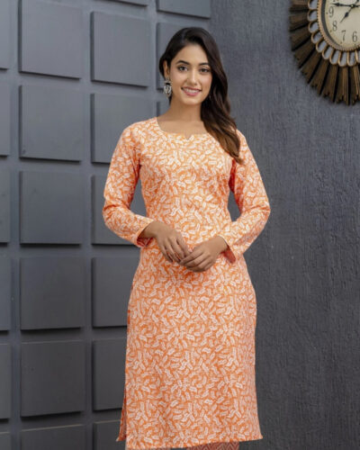 Women Printed Khadi Cotton Straight Kurta (Orange, White)