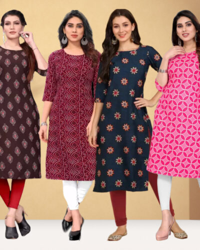 Pack of 4 Women Printed Crepe Straight Kurta (Red)