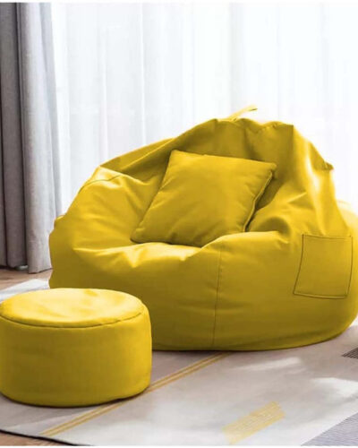 GIGLICK XXXL Faux Leather Leatherette Bean Bag with Footrest and Cushion Filled with Beans Bean Bag Chair With Bean Filling (Yellow)