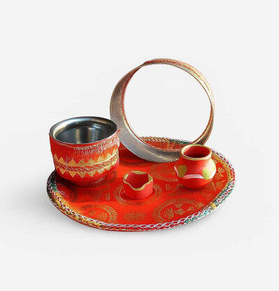 vridhi karvachoth thali Traditional Karwa Chauth Pooja Thali Steel (10 Pieces, Multicolor)