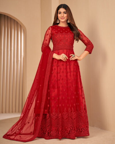 Unstitched Net/Lace Gown/Anarkali Kurta & Bottom Material Embroidered, Self Design