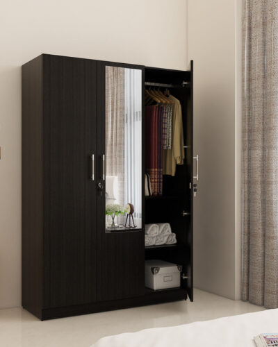 SPACEWOOD Engineered Wood 3 Door Wardrobe (Finish Color - NATURAL WENGE, Mirror Included, Knock Down)