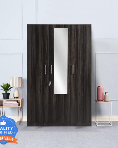 Wakefit Gingham Engineered Wood 3 Door Wardrobe (Finish Color - Dark Brown, Mirror Included, Knock Down)